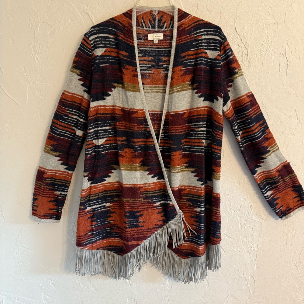 Lucky Brand Multicolor Patterned Cardigan with Fringe